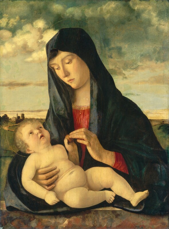 Shown from the waist up behind a stone ledge, a young woman nestles a nude baby against her chest in this vertical painting. Both have pale skin with a slight, rosy blush on their cheeks, and both have halos painted as delicate gold rings around their heads. The woman’s shoulders are angled to our left, and she looks down at the baby in that direction with hooded eyes. She has a slender face, a long, straight nose, smooth cheeks, and her pale pink lips are closed. The neckline and the cuffs of her garnet-red, gold-edged gown peek out from beneath a dark, spruce-blue mantle that covers her head and wraps around her body. She rests the baby along the stone ledge and holds him in the crook of her right elbow, to our left. In her other hand, she holds a small object, perhaps an apple. The baby also touches the fruit as he lies back along her arm. He has curly, ash-blond hair, a petite nose, and chubby cheeks. He looks up at the woman or beyond her with parted, downturned lips. The pair are warmly lit from the upper left and set against a fern and olive-green landscape. Near the left edge of the painting, a church and steeple are silhouetted along the horizon, which comes just under halfway up the composition. In the sky above, a clear, pale blue horizon gives way first to puffy, cream-white clouds and then swirling clouds in tones of pine green and slate gray along the top of the picture. An inscription appears on the lower center of the ledge, “IDEM Z.B.”