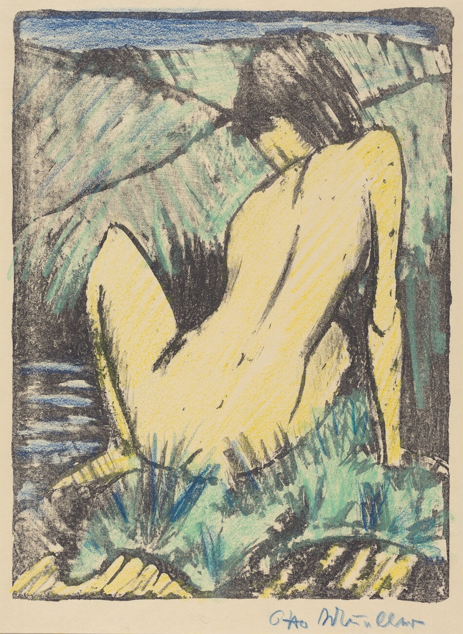 The image shows a person sitting down with their back and legs visible. They are supporting themselves with one arm and have short, dark hair. The person is nude, and the background suggests a natural, possibly coastal setting with water and landforms.