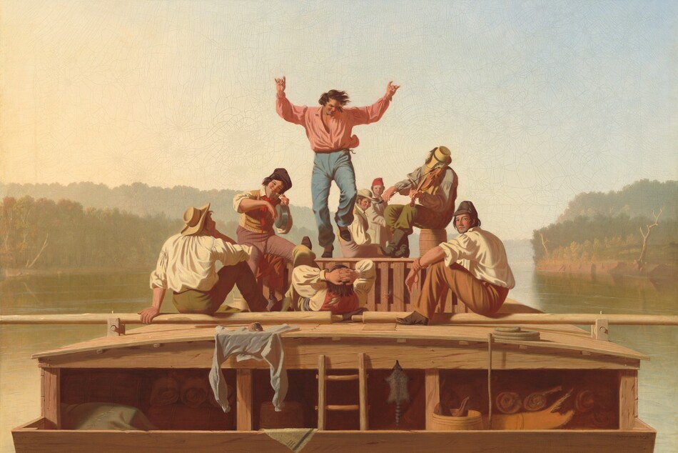 A flatboat with eight light-skinned men floats toward us down a wide river in this horizontal painting. The boat nearly spans the width of the composition and has low sides and a shallowly arched, low cabin upon which the men gather. At the center, a man with dark hair and wearing light blue trousers and a pink shirt dances with one foot and both arms raised. To our right a seated musician plays a fiddle, and to our left a smiling man holds up a metal pot and strikes the flat bottom with the back of his fingers. The remaining men sit or recline around the musicians and dancing man, some looking toward the dancer and two looking out at us. Bedrolls and animal skins are stored in the cabin below. The olive-green surface of the river is streaked with pale blue. The horizon line comes about a third of the way up the composition. The trees and riverbanks in the distance are hazy beneath a watery blue sky.