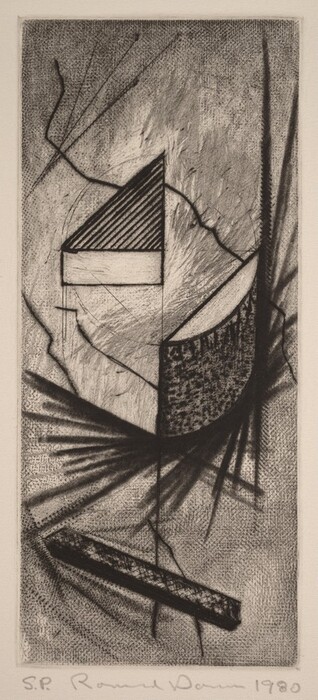 The image features intersecting lines and geometric shapes, including a prominent triangular form filled with parallel lines and a semi-circular shape. This abstract composition creates a central focus. The surrounding background has textured elements composed of speckled dots and angled lines. Dark, jagged lines crisscross, lending a sense of fragmentation.