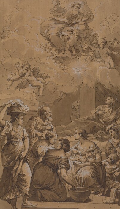 The image shows multiple figures, both adults and children, in a busy composition. A woman in the center holds an infant, draped in fabric, with other women around her. One woman holds a bowl beside the seated woman, while another stands with a basket on her head. The people have classical facial features common in Renaissance art. An older bearded man near the center appears to have a glowing halo. The individuals wear flowing garments. In the clouds above, an older figure with a robe and beard is surrounded by cherubs or angelic children. The background has swirling clouds around the divine figures looking down on the earthly gathering.