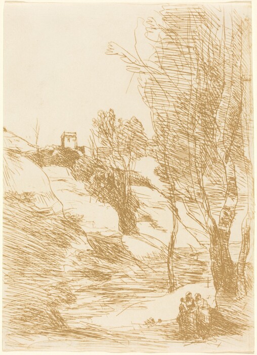 The illustration depicts a landscape with figures in the foreground engaged in conversation or contemplation. The scene includes trees, a rolling terrain, a small building on a hill, and distant hills and trees. The drawing uses pen or ink with cross-hatching for texture and depth. The color scheme is monochromatic in shades of sepia or brown.