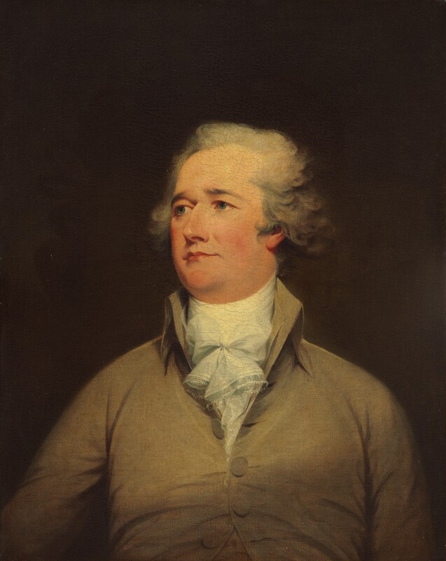 Shown from the chest up, a pale-skinned man wearing a coat and cravat looks off to our left with his chin tipped slightly up in this vertical portrait painting. The man’s shoulders and chest face us, but he turns to the left to look off in that direction with blue eyes under straight brows that angle up toward the center. He has a straight nose, rosy cheeks, full, bow-shaped lips, and a double chin. His wavy gray hair is brushed back from his high forehead and falls to his ears. His ivory-white ascot has a lacy border and is tied snugly around his neck with a bow in front. It is tucked into the high collar of his camel-brown jacket. His right arm, on our left, angles away from his body while the other is close to his side. He is warmly lit from the front set against a dark brown background.