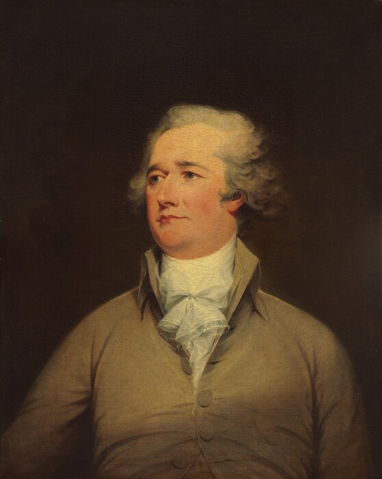 Shown from the chest up, a pale-skinned man wearing a coat and cravat looks off to our left with his chin tipped slightly up in this vertical portrait painting. The man’s shoulders and chest face us, but he turns to the left to look off in that direction with blue eyes under straight brows that angle up toward the center. He has a straight nose, rosy cheeks, full, bow-shaped lips, and a double chin. His wavy gray hair is brushed back from his high forehead and falls to his ears. His ivory-white ascot has a lacy border and is tied snugly around his neck with a bow in front. It is tucked into the high collar of his camel-brown jacket. His right arm, on our left, angles away from his body while the other is close to his side. He is warmly lit from the front set against a dark brown background.