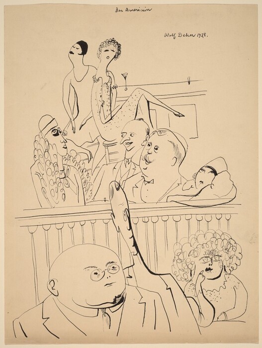 The image shows a detailed illustration of several people seated in a bar setting. At the top center, a woman in a sparkly dress is on a barstool, holding a cocktail glass. Surrounding her are other individuals with exaggerated facial features. To the left, a person with a pencil mustache stands behind her. Below them, two men are engaged in conversation. To the right, a person with quilted curls is partially visible. In the lower section, a bald man with round glasses and a woman with frizzy hair are depicted. The setting includes wooden paneling and a bar counter.