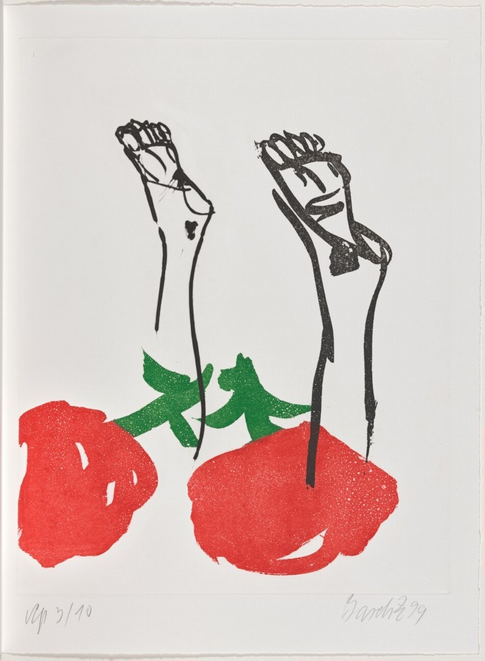 Black linear shapes resembling two human forearms and hands are elevated upwards against a vivid backdrop. These lines curve and bend, while below them, two red circular forms with green appendages suggest tomatoes with leafy tops.