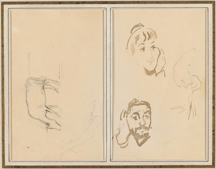 The image contains a two-panel sketch. The left panel shows a sketched outline of a draped piece of fabric. The right panel features sketches of two human faces and a partial figure. The top sketch shows a person with stylized facial features, with their hand resting on the side of their face. Below is another sketch of a person with facial hair and a hand on their face. Next to these sketches is an unfinished outline of a figure or object. The composition is on a plain, light paper with faint darker strokes, enclosed in a simple frame.