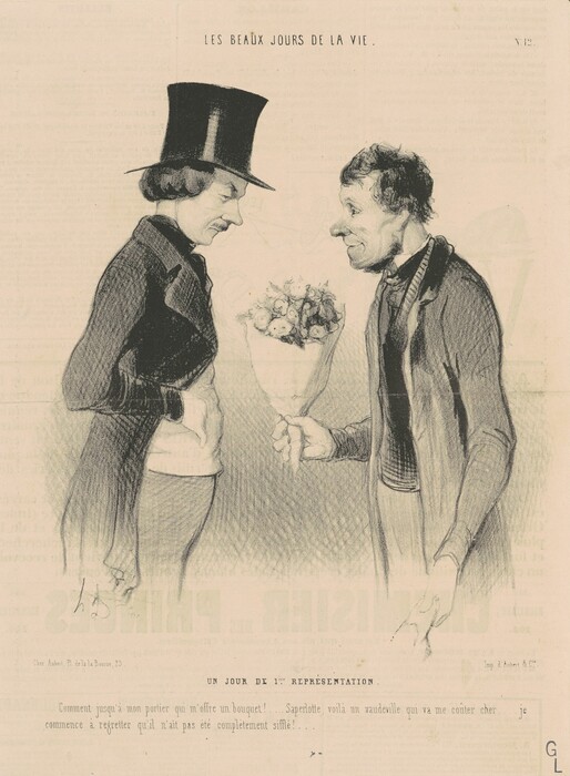 This is a drawing of two figures interacting comically. One figure wears a tall top hat and formal coat, while the other has a more casual appearance and holds out a bouquet. The exaggerated features on their faces enhance the humor in the scene. The image includes text at the top and bottom.