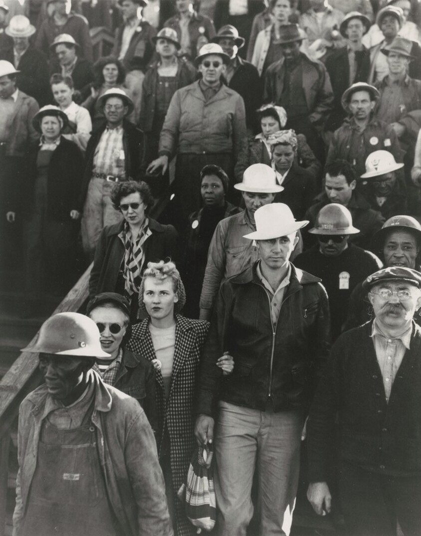 End of shift, 3:30, shipyard construction workers, Richmond, California
