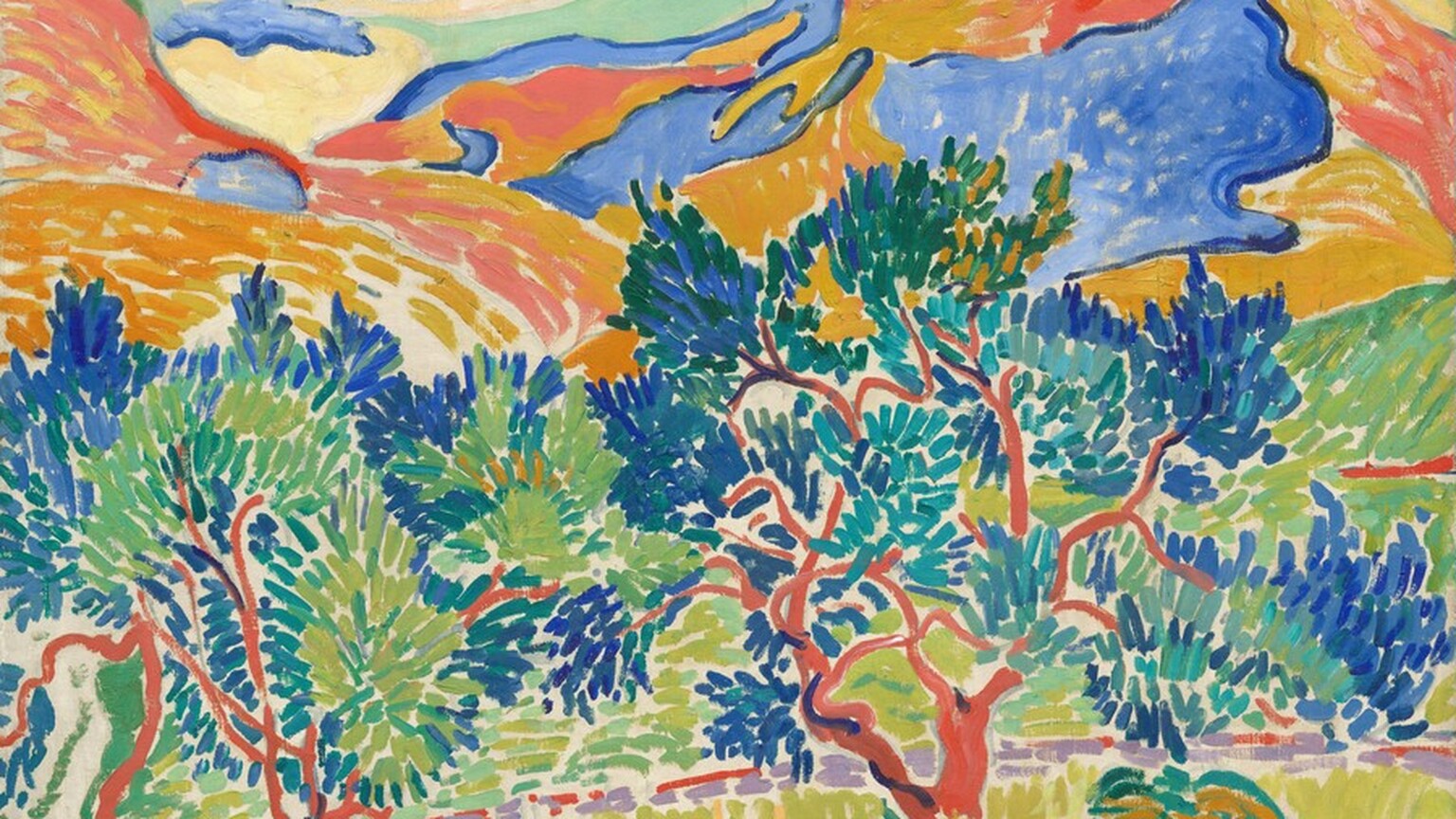 Trees and mountains nearly fill this composition and are painted with long, mostly parallel brushstrokes in this horizontal landscape. The trees are painted with long dashes of royal and aquamarine blue, pine and mint green to suggest leaves on coral-red trunks. The grass below is lemon-lime yellow, and a walking path is picked out with lavender-purple strokes. The mountains beyond the trees are painted with flat areas of coral, apricot orange, and cobalt blue. The sky above is pale turquoise with a few swirling, cream-colored clouds.