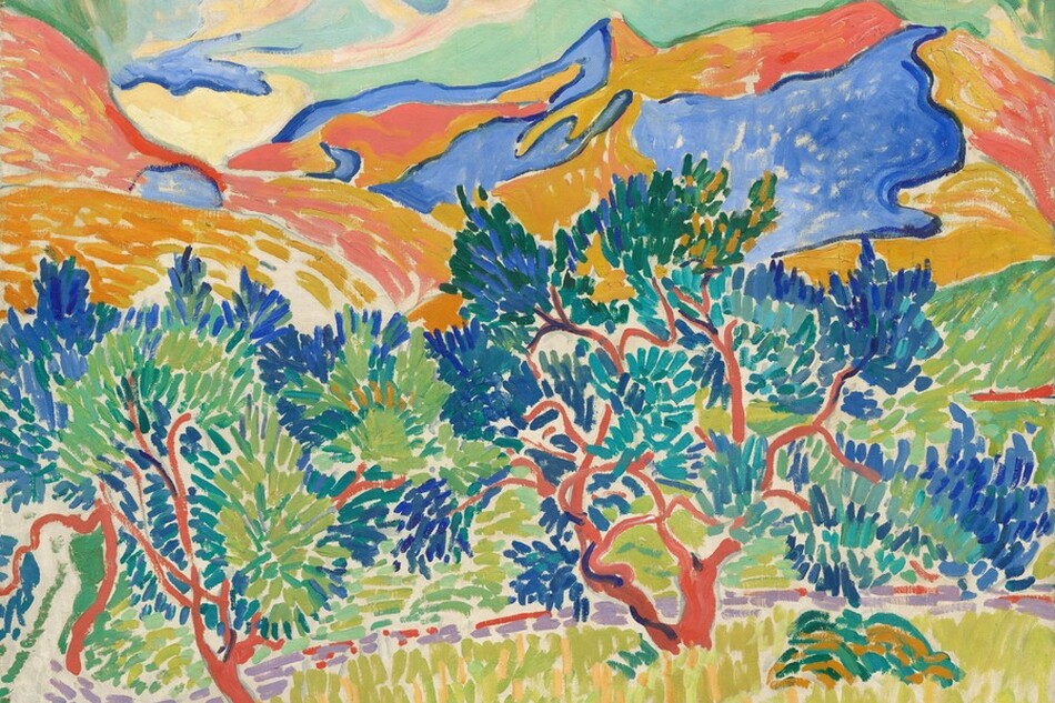 Trees and mountains nearly fill this composition and are painted with long, mostly parallel brushstrokes in this horizontal landscape. The trees are painted with long dashes of royal and aquamarine blue, pine and mint green to suggest leaves on coral-red trunks. The grass below is lemon-lime yellow, and a walking path is picked out with lavender-purple strokes. The mountains beyond the trees are painted with flat areas of coral, apricot orange, and cobalt blue. The sky above is pale turquoise with a few swirling, cream-colored clouds.
