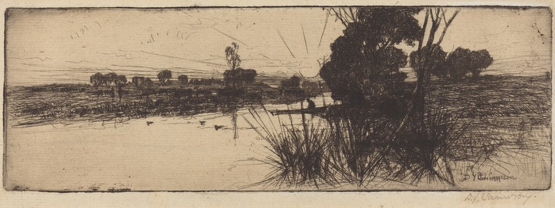 The image shows a landscape seen from an elevated viewpoint. The horizon is in the upper third of the image, dividing the land and the sky. Dark tree silhouettes are visible on the horizon, adding depth. The artwork features detailed texture and form using fine lines and crosshatching to depict trees and bushes. The color scheme is monochromatic with varying shades of brown and black. Grass and plants in the foreground are depicted with linear strokes, and a body of water reflects the land. The scene fades into the distance with soft textures blending into the background.
