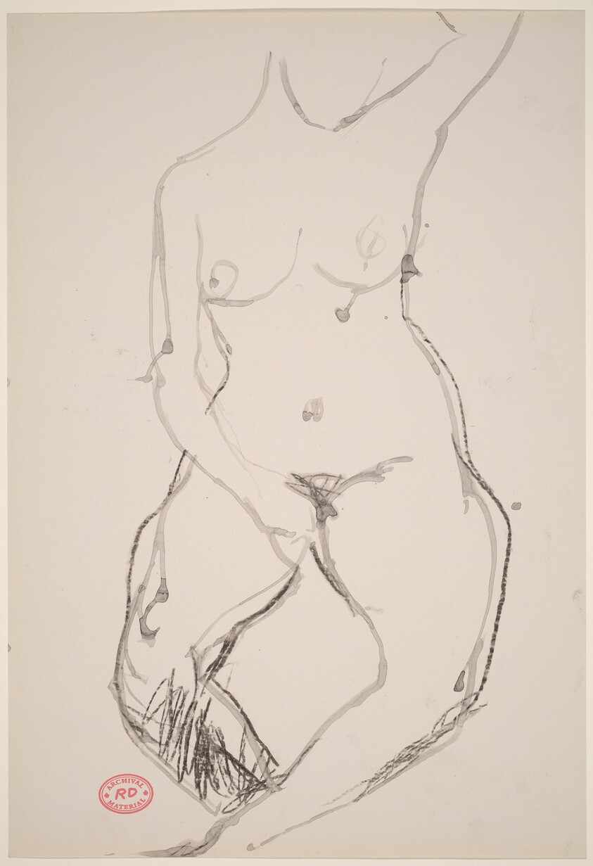 Untitled [female nude with hand in lap and raised left arm]