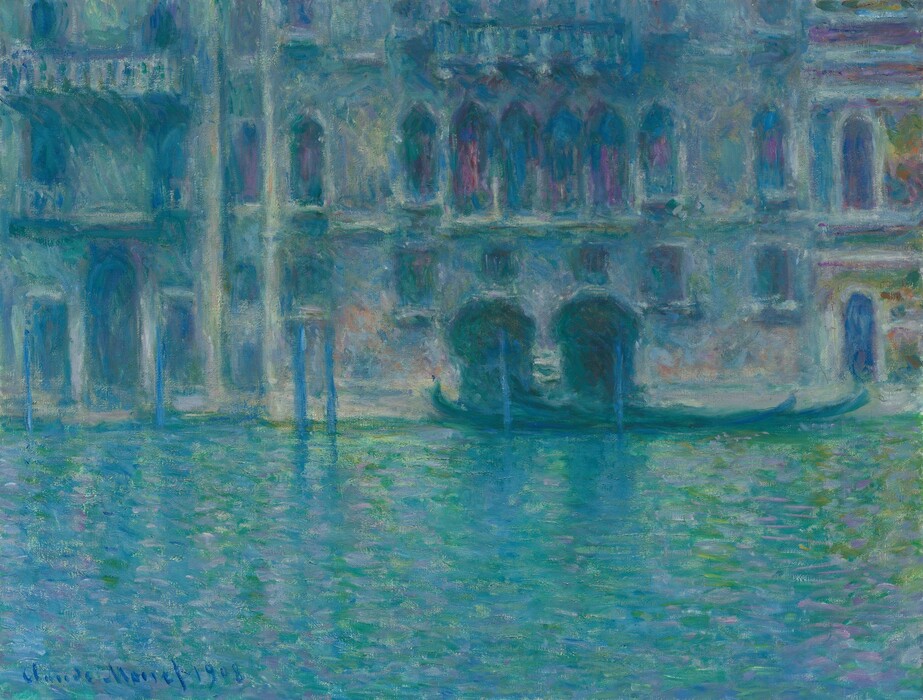 Painted almost entirely in tones of topaz, lapis, and sky blue, the façade of a building abutting a waterway fills this horizontal painting. Brushstrokes are visible throughout and they blend to make the scene appear hazy. The top two-thirds of this painting shows the front of a building with two stories of rows of pointed, arched windows. Two long, low boats, gondolas, are pulled up side-by-side to one of the arched openings at the water level of the canal, to our right. A few touches of amethyst purple and mauve pink delineate some of the architectural features and shadows amid a field of denim and pale blue. The water below is painted with short, horizontal strokes to create a shimmering effect. The building’s reflection is captured with touches of emerald and cool green against the blue water. The artist signed and dated the work with cobalt-blue paint in the lower left: “Claude Monet 1908.”