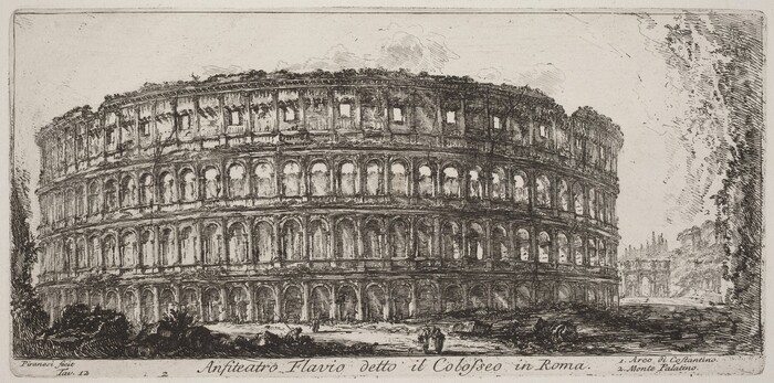 The image shows the ancient Colosseum. It is depicted from an angled, slightly downward perspective, showcasing its multi-tiered structure. The architecture is rendered with intricate line work, capturing the texture of the stone. The color palette is monochromatic, highlighting the contrasts between light and shadow. Vegetation and ruins surround the base of the Colosseum. In the distance stands a smaller architectural structure, possibly an arch, with trees further back adding depth to the composition.