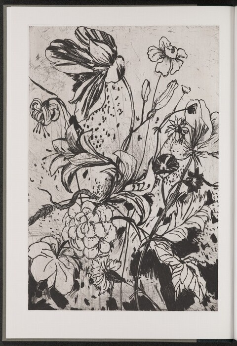 The image shows a collection of flowers and leaves drawn in black ink. The main flower is located at the top left corner. The color palette is black and white. The arrangement flows from bottom left to top right, with flowers and foliage scattered throughout the composition.