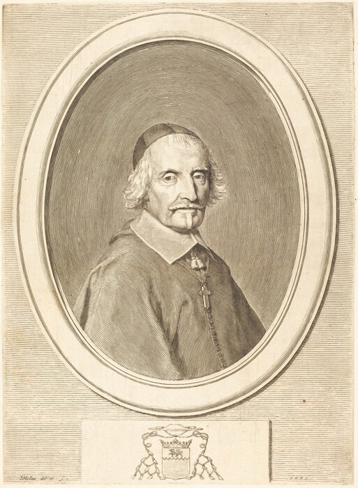 The image portrays the upper half of a man's body. He is seated and facing slightly to the right. The man has a mustache, goatee, and medium-length wavy hair. He wears a cap, high-collared garment, and a buttoned jacket. A cross hangs around his neck. The background features an oval frame, with intricate line work and a decorative crest below the oval.