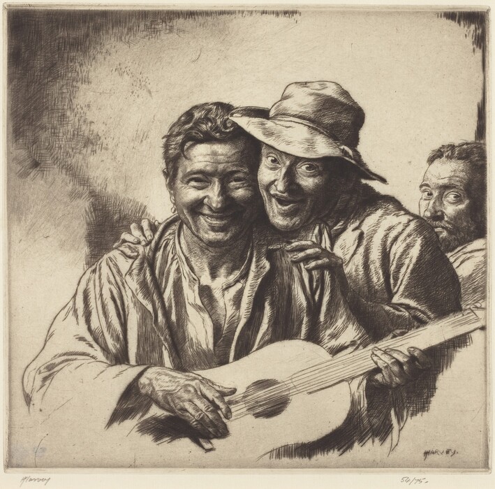 The image depicts an illustration of three men from the waist up. The central figure is seated, holding a stringed instrument, likely a guitar. To his left is a man standing behind him and slightly to the side. The third man is partially visible in the background on the right side. All three men wear loose, simple clothing against a sketchy, textured background.