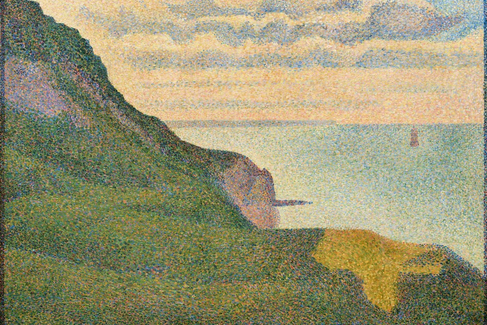 Green hills roll back to a turquoise-blue sea in this almost square painting. The scene is built with layers of small dots in lavender, lilac, cool blue, warm green, yellow, and peach. The hill angles from nearly the top left corner of the canvas to the lower right, filling the bottom left half of the canvas. It is mostly variegated shades of green but there are two cliff-like, purple surfaces to our left and a lighter patch of yellow to our right. A pole and a cross-shaped structure atop the hill to the left could be utility poles. An object on the water in the distance to our right may be a buoy or a boat. Peach lines the horizon, which comes just over halfway up the composition, and straw yellow and cornflower blue ripple across the sky above.