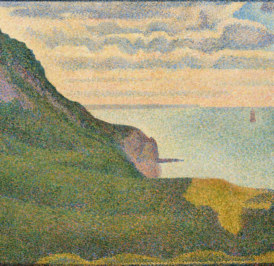 Green hills roll back to a turquoise-blue sea in this almost square painting. The scene is built with layers of small dots in lavender, lilac, cool blue, warm green, yellow, and peach. The hill angles from nearly the top left corner of the canvas to the lower right, filling the bottom left half of the canvas. It is mostly variegated shades of green but there are two cliff-like, purple surfaces to our left and a lighter patch of yellow to our right. A pole and a cross-shaped structure atop the hill to the left could be utility poles. An object on the water in the distance to our right may be a buoy or a boat. Peach lines the horizon, which comes just over halfway up the composition, and straw yellow and cornflower blue ripple across the sky above.
