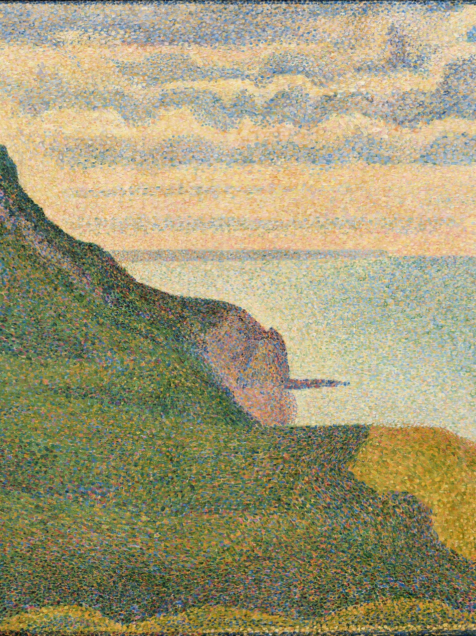 Green hills roll back to a turquoise-blue sea in this almost square painting. The scene is built with layers of small dots in lavender, lilac, cool blue, warm green, yellow, and peach. The hill angles from nearly the top left corner of the canvas to the lower right, filling the bottom left half of the canvas. It is mostly variegated shades of green but there are two cliff-like, purple surfaces to our left and a lighter patch of yellow to our right. A pole and a cross-shaped structure atop the hill to the left could be utility poles. An object on the water in the distance to our right may be a buoy or a boat. Peach lines the horizon, which comes just over halfway up the composition, and straw yellow and cornflower blue ripple across the sky above.