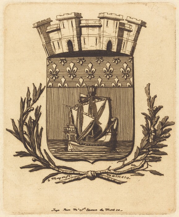 This is a drawing of a coat of arms featuring a sailing ship, with the ship in full sail navigating calm waters. There are fleur-de-lis symbols in the background, and a stylized crown or battlement on top. Two stylized olive or laurel branches surround the central shield, tied together at the base. The drawing is intricately detailed with fine lines.