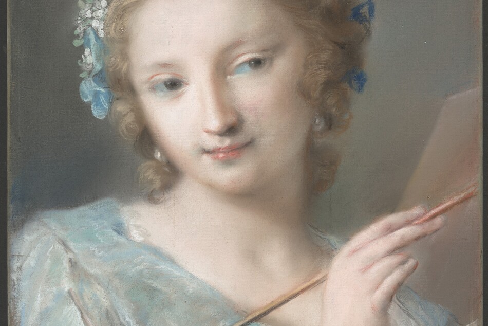 Shown from the chest up, a young woman with pale, smooth skin and dressed in a light blue gown holds a paint brush and palette in this vertical pastel drawing. The woman’s body is angled to our right. She turns her head back to our left but then looks back off to our right from the corners of her eyes under faint brows. Her wide-set eyes are gray, her nose long and straight, and her delicate pink lips are closed in a slight smile. Her curly, ash-blond hair sweeps back from her forehead to gather in a braid across the crown of her head. Soft, loose tendrils frame her round face, which has touches of ice-blue shadows at the corners of her mouth and eyes. Sky-blue and white flowers with mint-green leaves adorn her hair to our left, and two touches of royal blue near her ear on our right suggests a ribbon. Gleaming white pearl earrings hang from her ears. Her dress is created with filmy layers of arctic blue, taupe, white, and pale pink. The gown has a deep, V-shaped neckline, and a long sleeve is turned back from the wrist we can see. In that hand, she holds the wooden paintbrush at about chest height, and it extends off the right edge of the sheet. In the lower right corner of the composition, the thumb of her other hand hooks through a hole in the palette, which has daubs of pink and white. The corner of a blank easel is visible over her shoulder to our right. The background is mouse gray tinged with the blue of the paper on which it is drawn.
