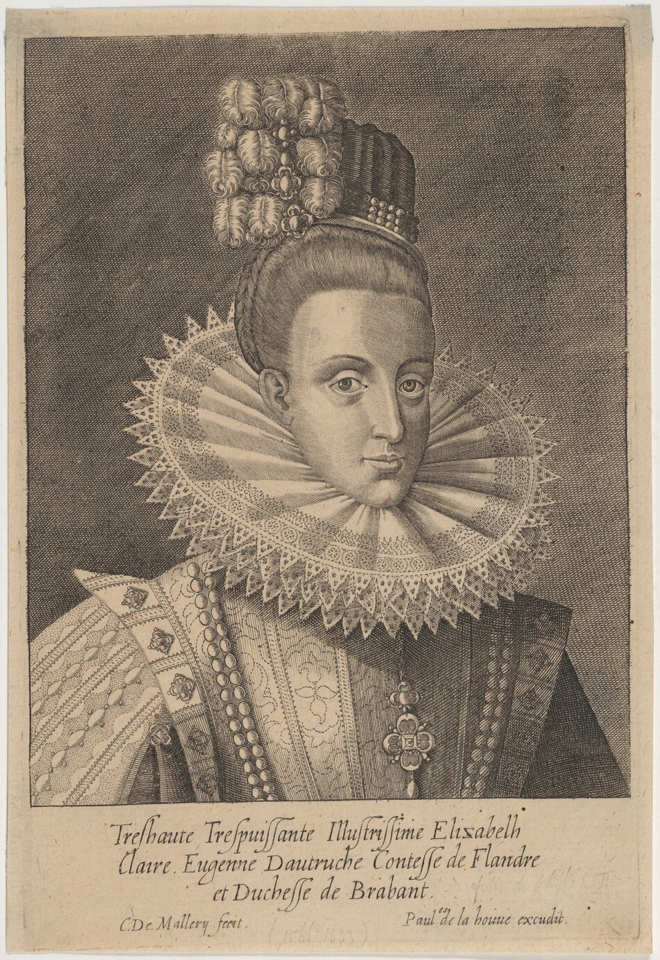 The image shows a portrait of a woman from the waist up. She is positioned slightly angled to the viewer, with her face turned towards the front. Her expression is neutral, with fine eyebrows, a straight nose, and closed lips. Her hair is styled in an elaborate high updo, adorned with decorative elements or fabric. The woman is wearing ornate clothing with intricate patterns and embellishments, including a large lace ruff around her neck and a necklace with a large pendant. The background of the portrait is a simple, textured backdrop.