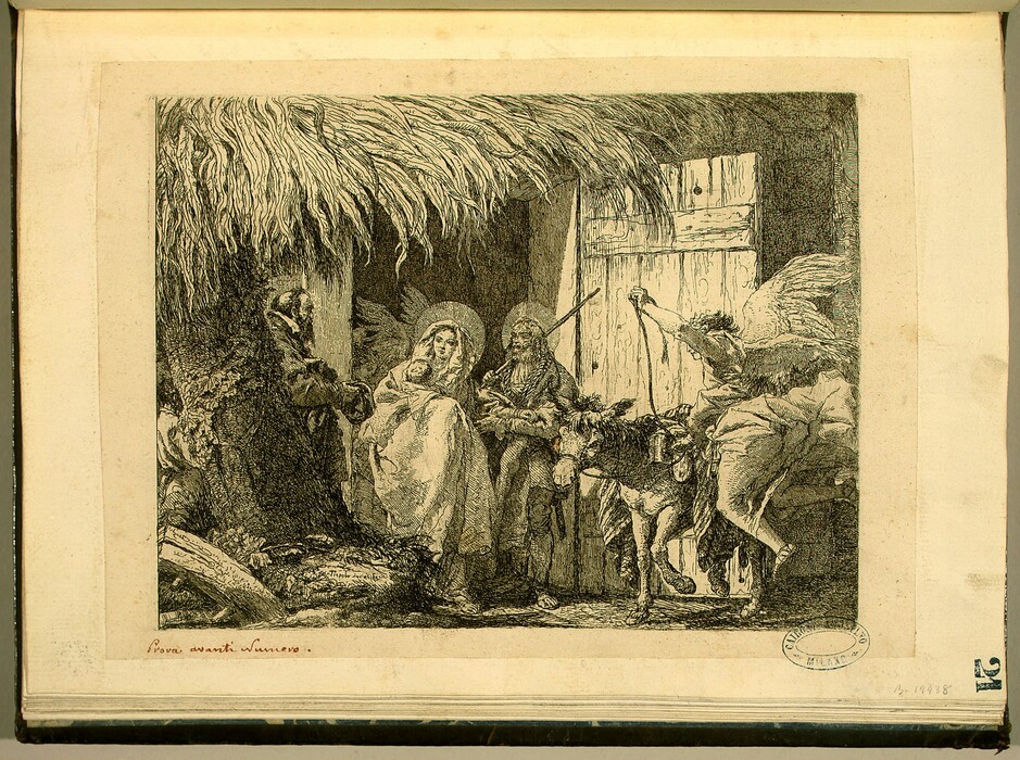 The image shows several individuals gathered in a pastoral setting. In the center, a woman holds a child, both with halos. Beside her, a man with a beard holds a staff. To the right, a winged figure guides a donkey, which stands near the bearded man. On the left, another man looks on. The scene includes a thatched roof, a wooden structure in the background, and textured ground. The image appears to be an etching or drawing in black and white.