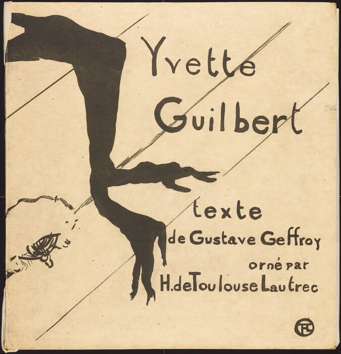This is a painting of a promotional cover with black silhouettes and text. It features the name "Yvette Guilbert" and "texte de Gustave Geffroy orné par H. de Toulouse-Lautrec." The cover includes a bold silhouette of an extended arm, hand, and lower body, with sharp, angular lines and diagonal lines for a dynamic composition. The artwork is rendered in stark black ink against a light background, resembling the style of Henri de Toulouse-Lautrec.