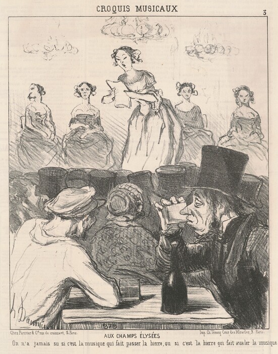 This is an illustration of a musical performance with an audience. It shows a group of women in historical clothing seated in a row. One woman in the center is holding a sheet, likely singing or reciting. In the foreground, three figures are sitting at a table; one person looks through a monocle while holding a drink, another has their back turned, and the third figure, wearing a top hat, appears to be raising a glass. The caption at the bottom mentions music and beer. The drawing features exaggerated features and a satirical style reminiscent of Honoré Daumier.