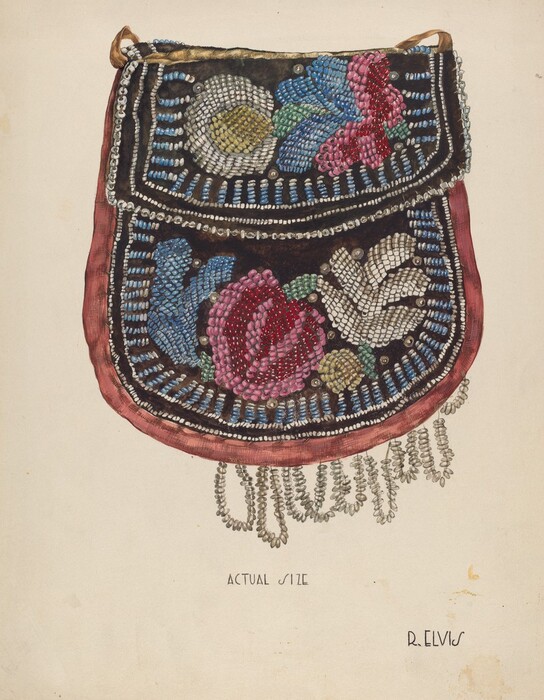 The image depicts a beaded purse with floral patterns in various colors. The purse hangs against a plain background, showcasing intricate beadwork in shades of blue, pink, white, silver, green, red, and gold. The central large flower is complemented by a floral motif on the purse's flap. The dark fabric sets off the vibrant bead colors and the brownish-red trim outlines the purse. A subtle metallic strap is attached to the top. The bead strings dangle below the purse. The words "ACTUAL SIZE" are written on the left, and the signature "R. ELVIS" is on the right.