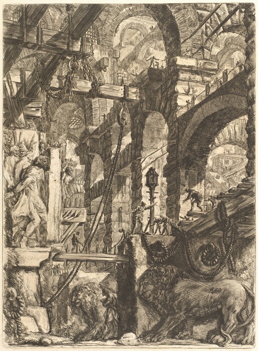 This is a drawing of a complex architectural scene. The artwork depicts a network of arches and vaults within a structure resembling ancient Roman ruins. There are heavy chains and pulleys woven through the space, alongside statue-like figures and carved reliefs integrated into the architecture. A lion is prominently depicted in the foreground. The composition is densely packed with textures and shadowed lines, emphasizing the monumental scale and intricate details. The linework and interpretation of space invoke a sense of wonder and grandeur.