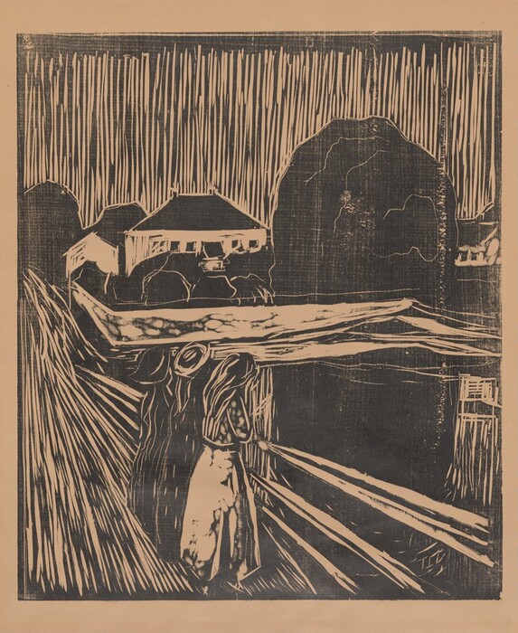 The image contains vertical and diagonal lines, along with curved forms, creating an abstract representation. The vertical lines suggest rain or tall trees, while the diagonal lines indicate a path or bridge. Some shapes resembling human figures lean over a rail in the foreground. In the center, a geometric structure resembling a house with a gabled roof is surrounded by rounded forms that could be hills or rocks. The composition aims to evoke a rural or natural environment.