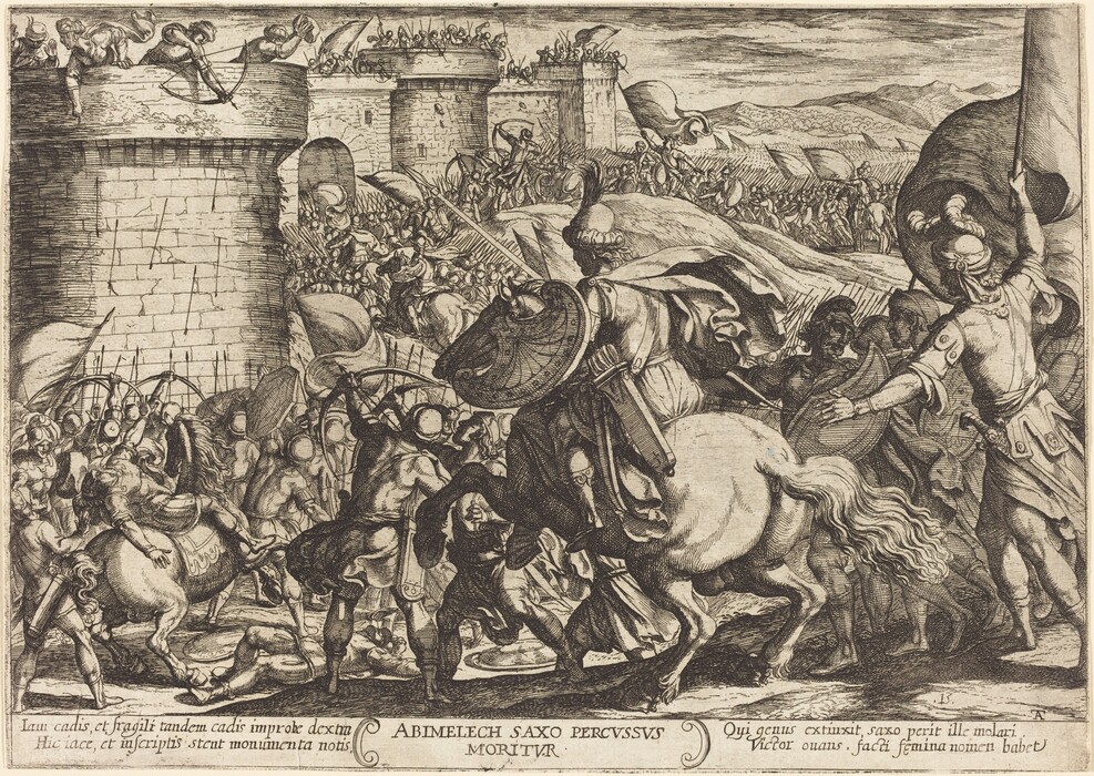 This is a drawing of a historical battle scene capturing soldiers engaged in combat in front of fortifications. Horses are also depicted in the midst of the chaos. The drawing is detailed with fine lines showing the forms and movements of figures and architecture. In the background, there is a sky and distant landscapes. The style shows influences from Renaissance engravings.