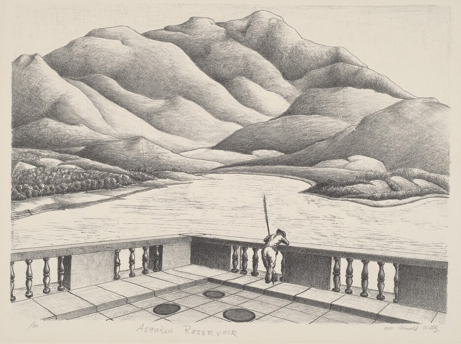 The image depicts a landscape from an elevated viewpoint. A balustrade and tiled floor are in the foreground. A figure leans on the railing, overlooking a body of water that leads into rolling hills and mountains. The horizon is high, suggesting a vast view. The hills and water are created with dense, textured brushstrokes. The color palette is shades of grey and black. The scene has a tranquil yet somber atmosphere. The limited palette emphasizes contrasts in texture and form, and light and shadow.