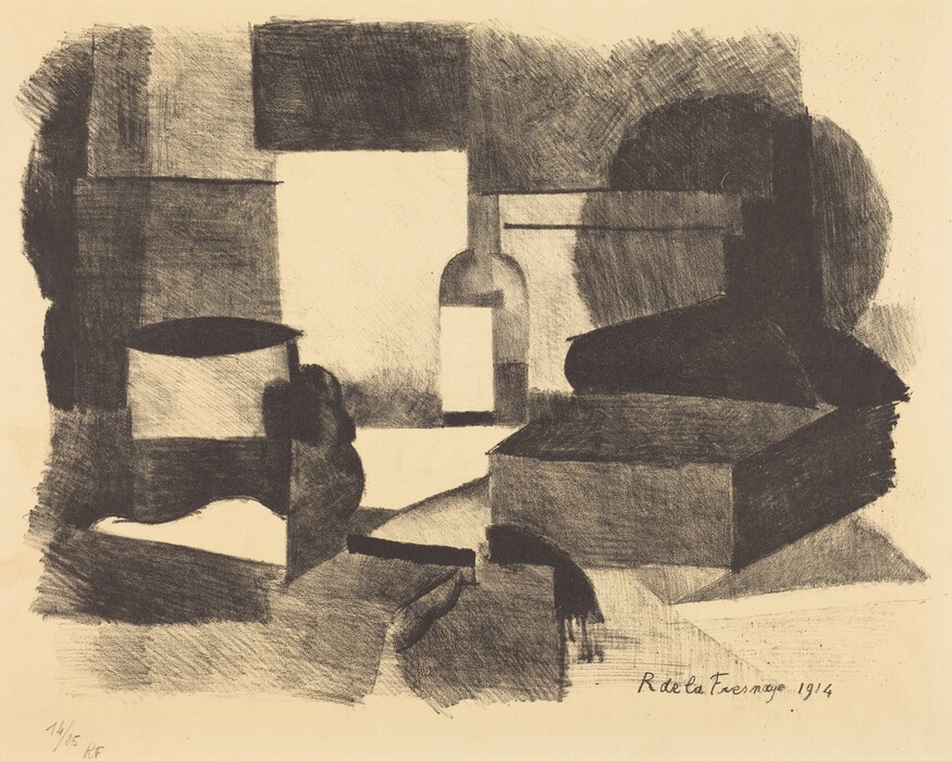 The image shows various geometric shapes, including a rectangular form in the center and abstract forms around it, such as a bottle shape on the right. The color scheme is monochromatic, employing black, white, and gray for shading. A large black irregular shape starts from the lower left, leading the eye to the bottle shape, with block-like structures in the background framing the central subject.