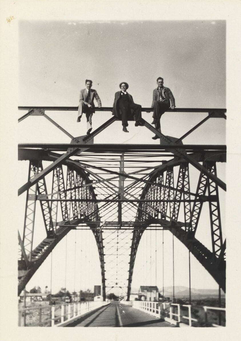"The bridge across the Colorado River-the state line is right in the center, Arizona & Calif. Below Needles, Calif. Walter. Baker, Curtis, Ward"