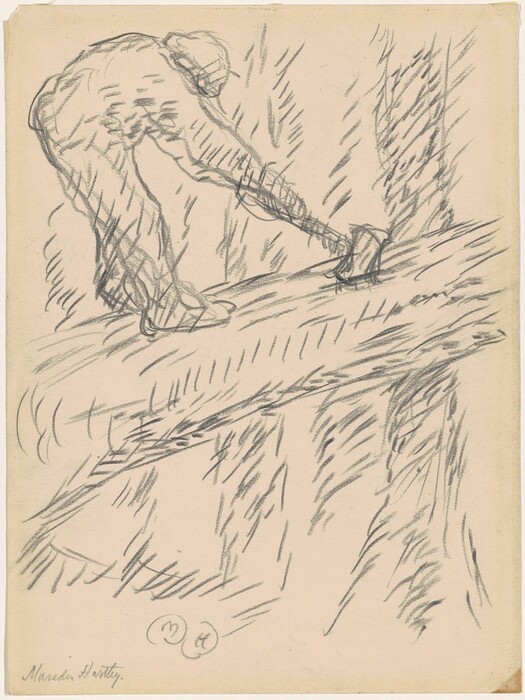 The image depicts a person swinging an axe at a large log. The person is bent forward at the waist, focused on the task. They wear loose work clothing and stand firmly on the log. The background shows dynamic, abstract lines suggesting motion or an outdoor setting.
