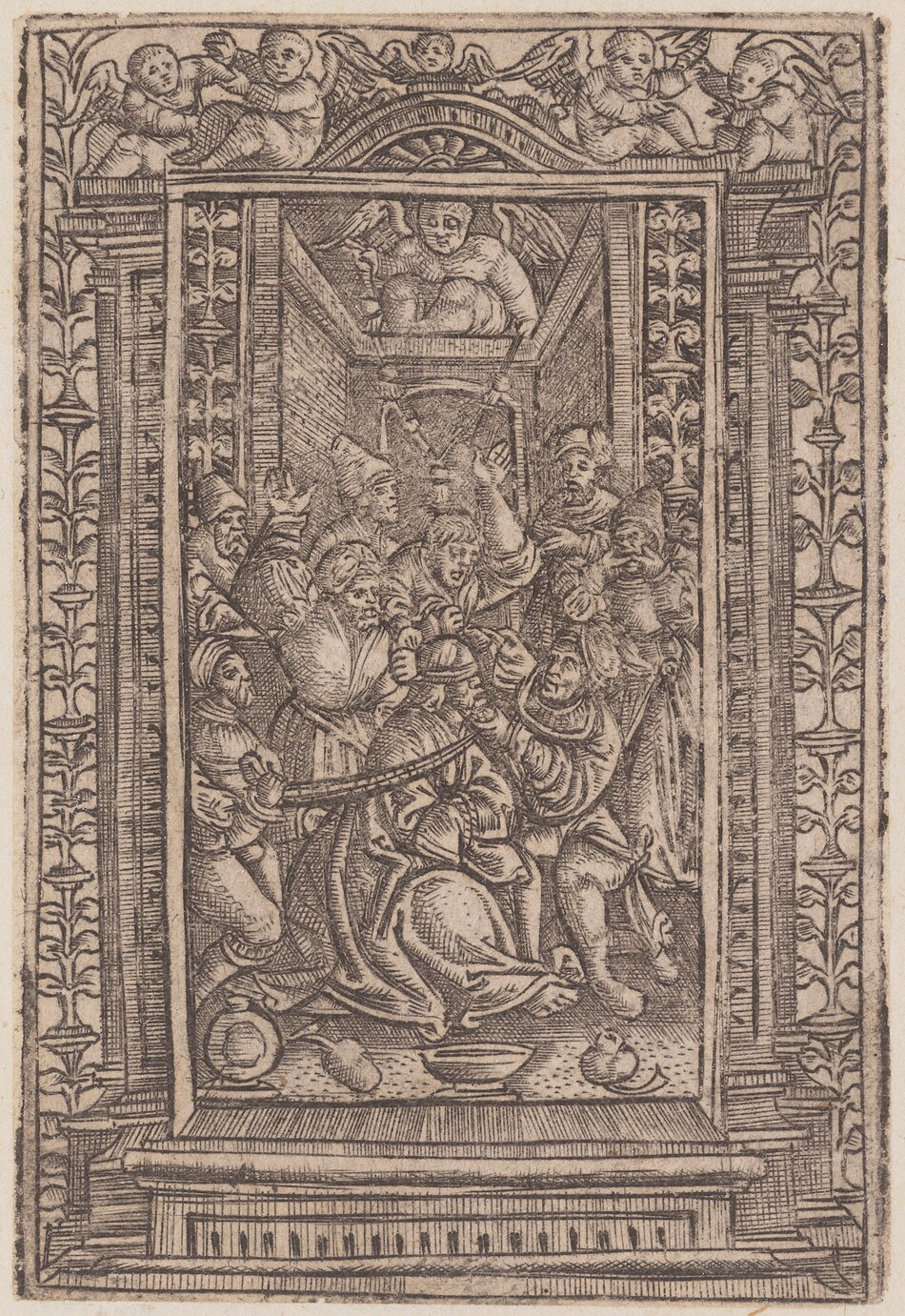 This is a drawing of a scene within an ornate frame. The image shows a group of figures gathered in a space with detailed architectural elements and columns adorned with floral patterns. At the top, there are cherubic figures hovering above. The scene depicts the figures in active poses, with detailed robes and expressions conveying a solemn atmosphere.
