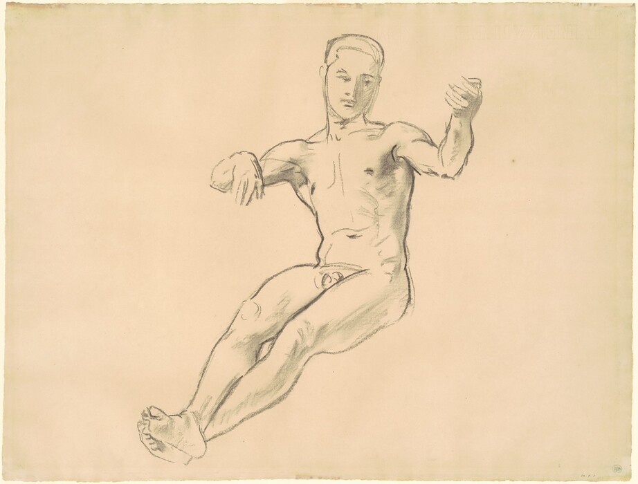 The image shows a full-body sketch of a seated male figure. He is in a semi-reclined pose with his arms positioned as described. The figure has a serene expression with closed eyes, a defined nose, and short hair. The drawing is minimalistic, showcasing the contours of his body with simple lines and shading. The male figure is nude, and the background is plain.