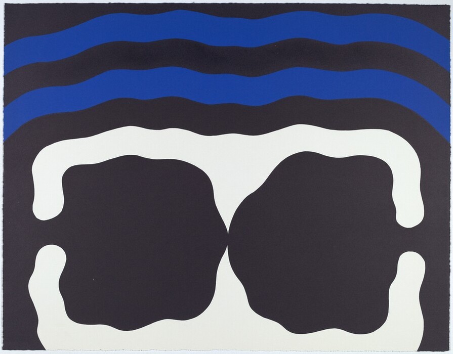 The image features undulating, curvilinear shapes overlaying each other in an abstract arrangement. The shapes include wavy, blue and black bands at the top, flowing into each other, and larger amorphous black shapes bordered by irregular white outlines below. The design evokes connections to natural landscapes.