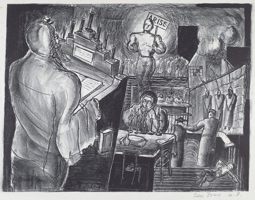 This is a monochromatic drawing featuring a robed figure standing at a podium with candles. In the center, a muscular figure holds a "ARISE" sign on a pedestal. Statuesque figures line a corridor in the background. A person at a dining table covers their face with their hands, surrounded by other figures.