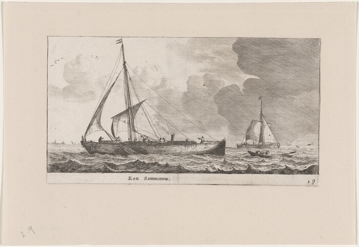 The image shows an etching of a seascape with an elevated viewpoint. The horizon line is low in the composition, with a cloudy sky above. The sea and ships are depicted with precise linear strokes. A larger ship is in the center, with billowing sails, and a smaller sailing vessel is positioned to the right. The etching is done in a monochrome palette of black and gray.
