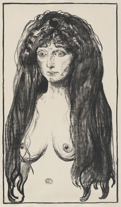 This is a portrait drawing of a person's upper body from the chest upwards. The individual is facing the front with a direct gaze. The facial features, long wavy hair, and lack of clothing are detailed. The image has a simple, dark border and a blank background.
