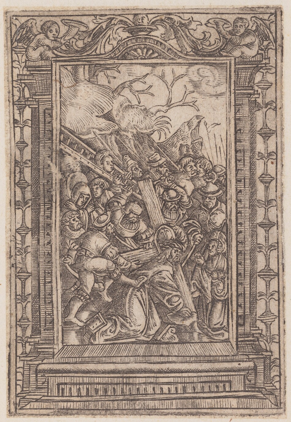 This is a drawing of a framed scene filled with human figures and decorative elements. The drawing depicts a highly detailed and intricate scene bordered by an ornate frame. The frame includes classical architectural elements and cherubic figures at the top corners holding instruments. Within the frame, the scene is densely populated with dynamic movement and interaction among the figures. The landscape within the frame contains bare trees and a cliff-like structure, adding depth to the scene. The image is rich in texture, indicative of a traditional printmaking technique. The drawing suggests a narrative scene from classical or religious mythology, shown with a strongly etched style.