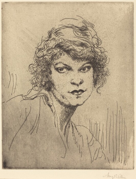 The image depicts a sketched portrait showing the upper section of a person's body, primarily focusing on the head and shoulders. The person's position is a three-quarter view, with the face turned slightly towards the viewer. The facial features include defined eyes and a straight-lipped expression. The individual has curly hair that flows around the face, sketched in a lively, textured style. Clothing details are minimal, with vague hints of a garment over the shoulders. No jewelry or objects are visible in the sketch. The background is sparse, mainly composed of textured shading typical of etching, without detailed elements or setting.