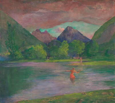 The Entrance to the Tautira River, Tahiti. Fisherman Spearing a Fish