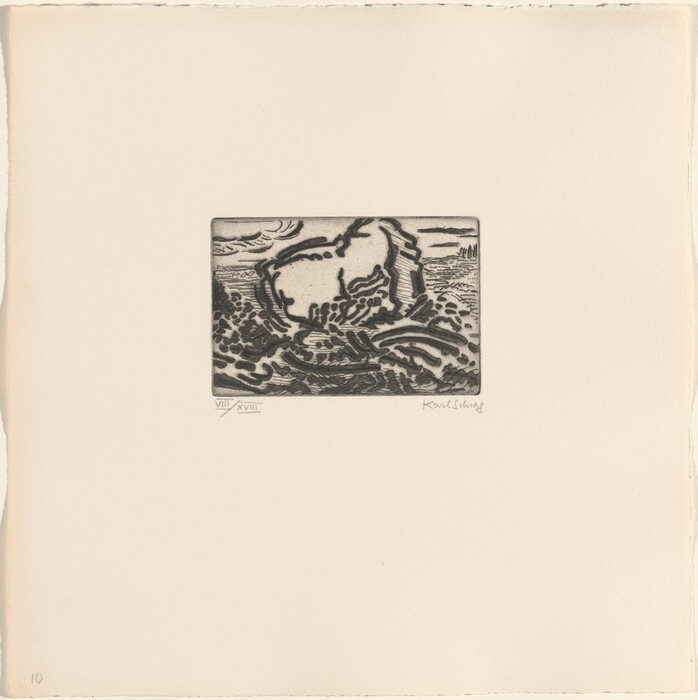 The image shows a print with an intricate black and white design. The view captures swirling lines and contours that suggest a natural landscape. The horizon is low and indistinct, predominantly filled with undulating forms. Swirling clouds near the top indicate movement. Various textures add a dynamic quality. The bold and textured etching technique uses thick lines to create depth and complexity in a monochromatic palette. The color palette relies on contrasts between black and white. Lines converge in the distance, hinting at natural formations or landscapes.