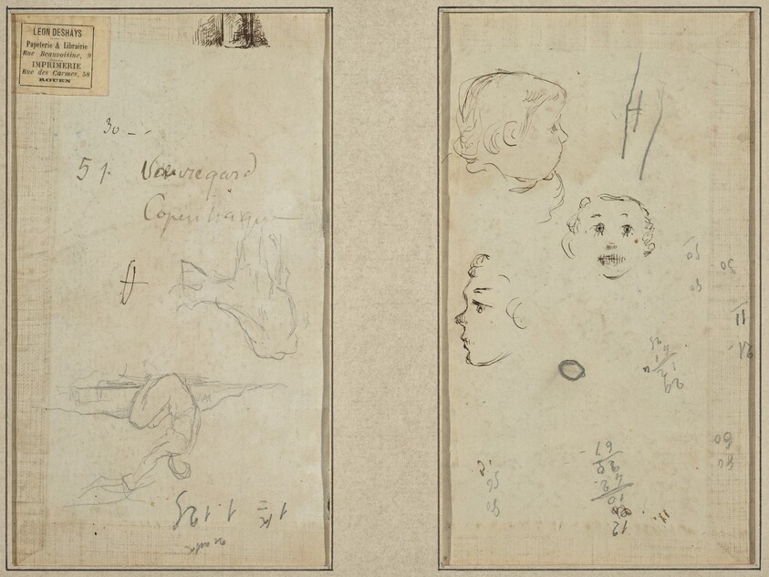 Seated Figure and a Cow; Three Studies of a Child's Head